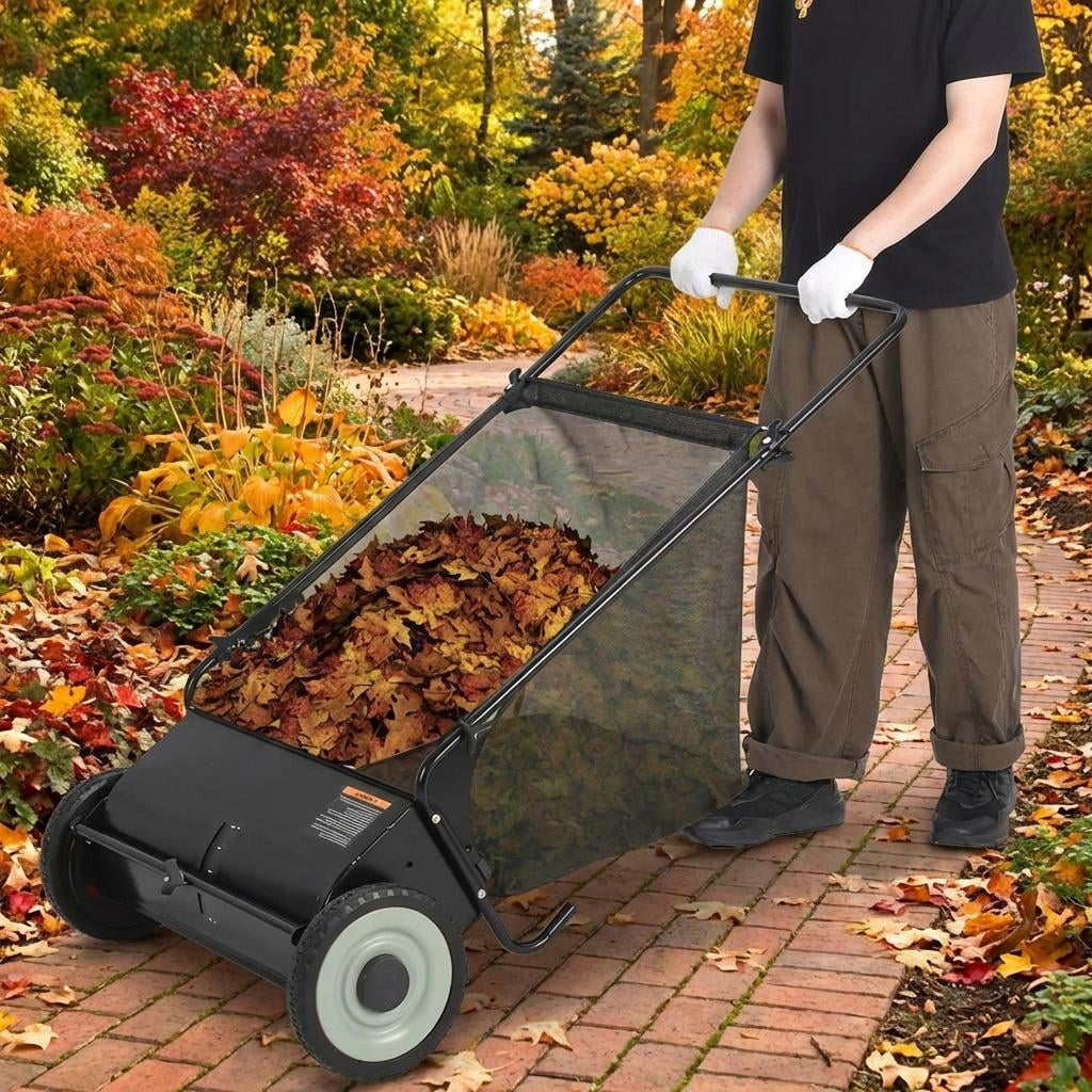 AIKKYS 26 Inch Heavy Duty Push Lawn Sweeper with 4 Spinning Brushes,Steel Frame 7 Cu. Ft. Leaf & Grass Collector,Adjustable Height,Black