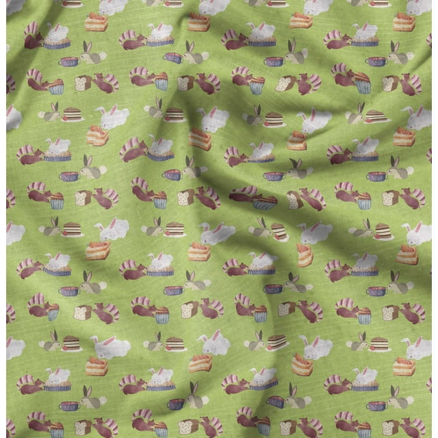 Soimoi Green polyester Crepe Fabric Rabbit Animal Printed Fabric 1 Yard 42 Inch Wide