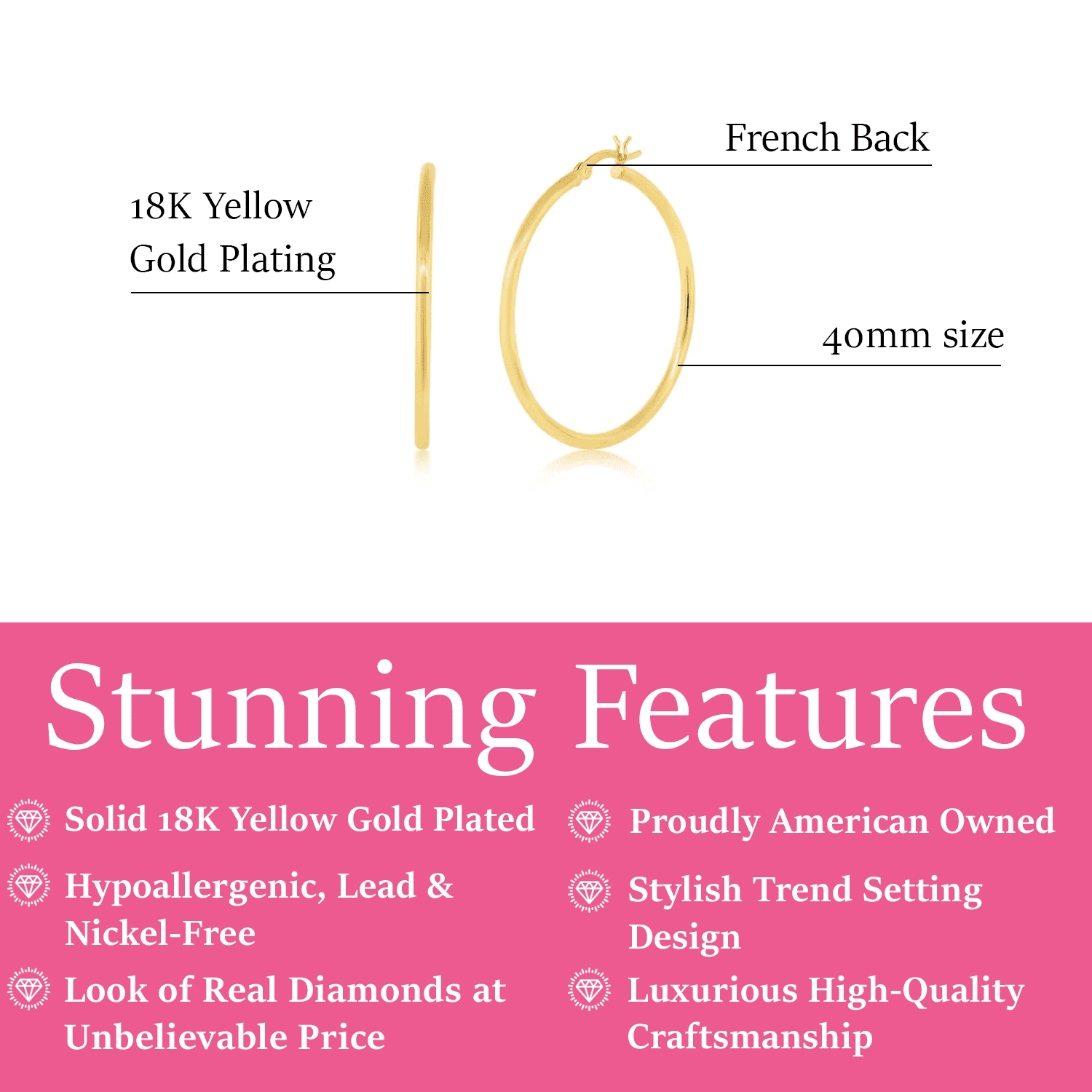 Cate & Chloe Monica 18k Yellow Gold Plated 40mm Hoop Dainty Earrings for Women, Gift for Her
