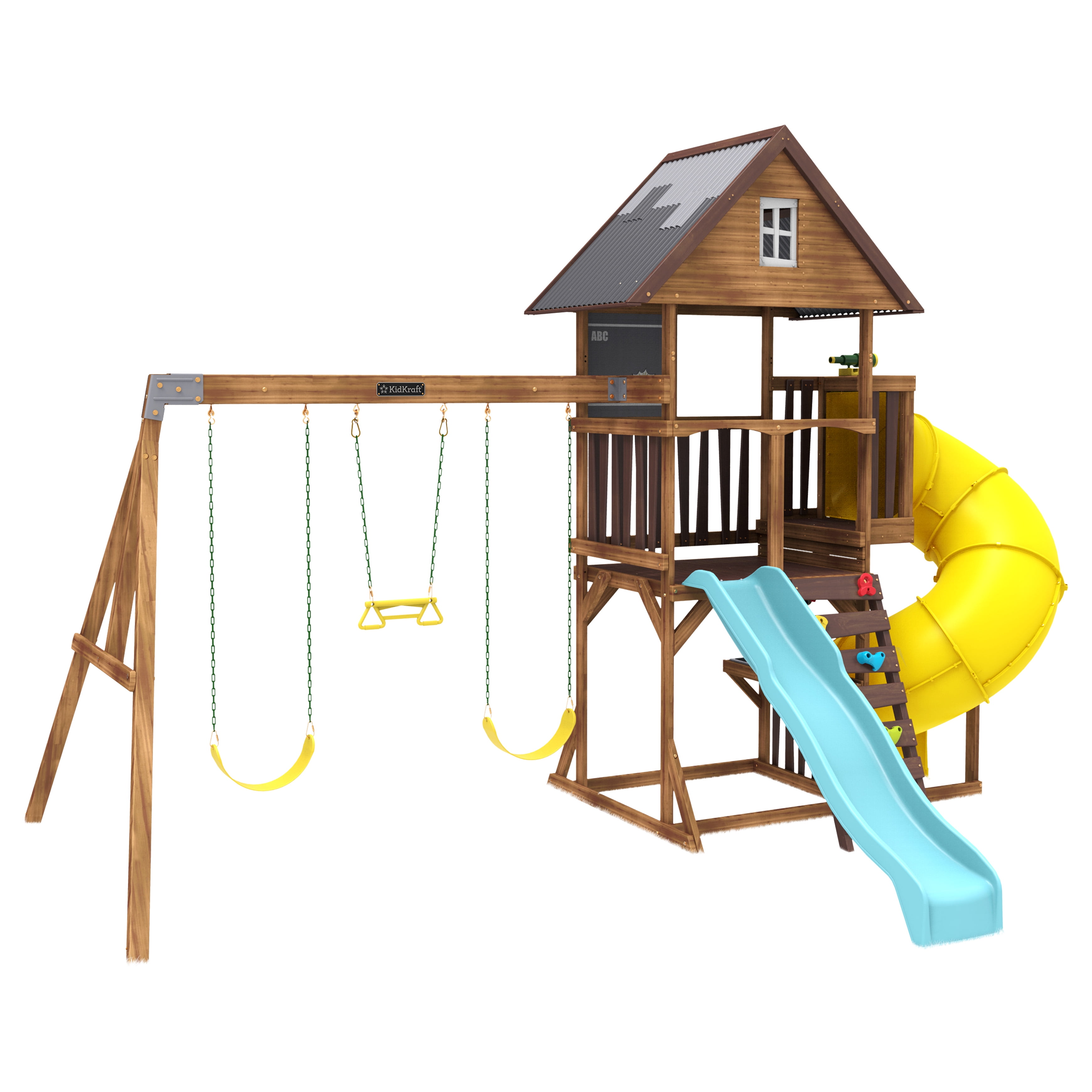 Twisty Tower Wooden Swing Set, Wooden Playhouse With Slide And Swing