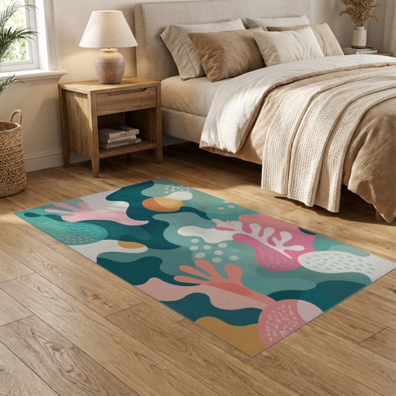ODIKA 5'x7' Teal Coral Dreamscape with Abstract Motifs Washable Area Rug Elegant Blend of Organic Shapes and Soft Hues for Guest Room, Lounge, Apartment, Non-Slip Low Profile, Stain Resistant