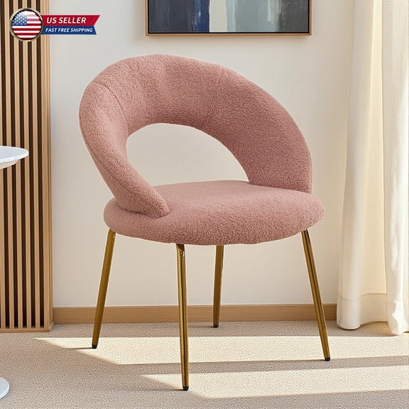 Hassch Teddy Fabric Upholstered Dining Chair with Cushioned Seat and Golden Metal Legs, Indoor Kitchen and Dining Room Chair in Pink, 250LBS Weight Capacity
