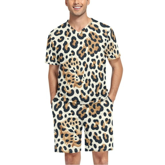 joogoo Men's Pajama Set Leopard Brown V-Neck Pj Shorts Set 2 Piece Loungewear Sleepwear L