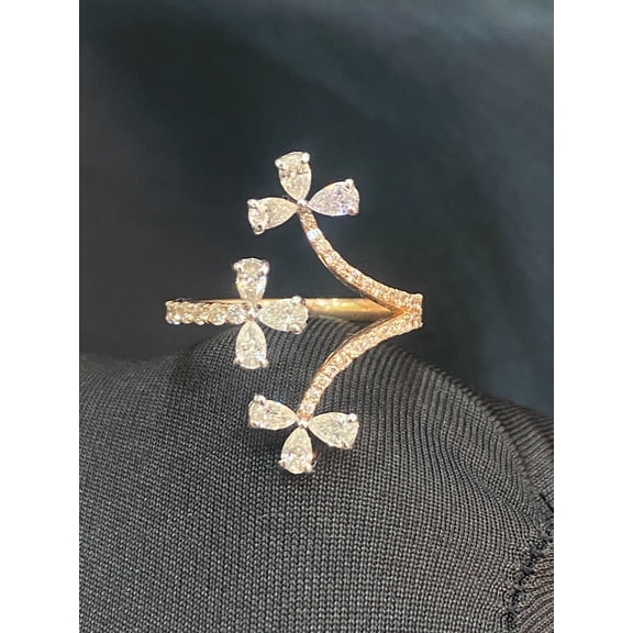 Pave 1.01 Carats Pear Round Brilliant Cut Diamonds Tulip Floral Ring In Hallmark 14K Rose Gold