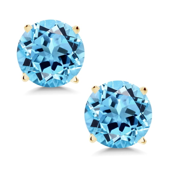 Gem Stone King 1.80 Ct Round 6mm Swiss Blue Topaz 14K Yellow Gold Stud Earrings for Women Men