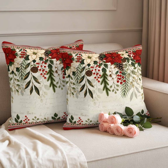 Outdoor Pillow Covers 18x18 Pack of 2, Christmas Poinsettia Winter Berry Decorative Pillow Cover Waterproof Pillowcase, Pine Branches Foliage Farmhouse Cushion Covers for Garden Patio Sofa Couch