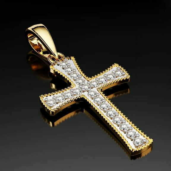 1.00 Ct Stunning Round Cut Real Diamond Flare End Cross Pendant Necklace for Women Solid 14K Yellow Gold With 18 inches chain