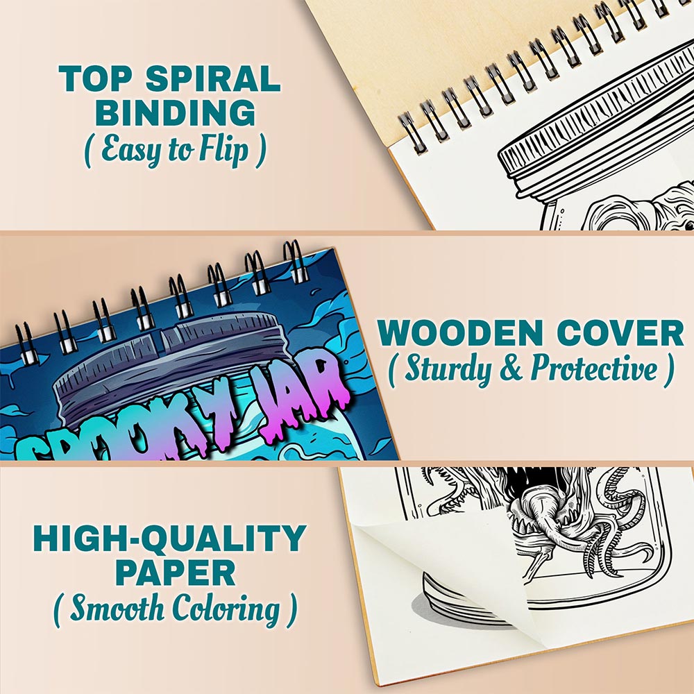 Netecom Spooky Jar Coloring Book for Adults, A5 Wooden Cover, 30 Haunting Coloring Pages of Magic Jars for Stress Relief and Relaxation, Spiral Bound Edition