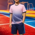 thumbnail image 2 of Odeerbi Niños Niñas Rápido Seco Juego de Entrenamiento de Fútbol Gradiente Geométrico Cuello En V Camiseta Shorts Conjunto Atlético Para 5-17 Años, 2 of 7