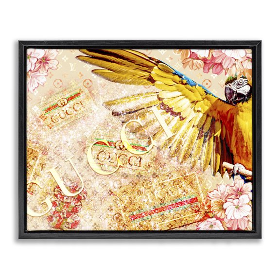 Stupell Industries Glam Dazzling Glam Parrot Floral Pattern Upscale Bling Black Floating Frame Canvas Art, 21 x 17, by Ziwei Li