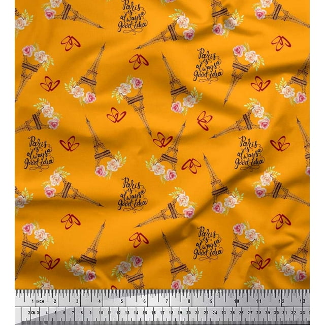 Soimoi Georgette Viscose Fabric Text,Floral & Eiffel Tower Architectural Print Fabric by the Yard 42 Inch Wide