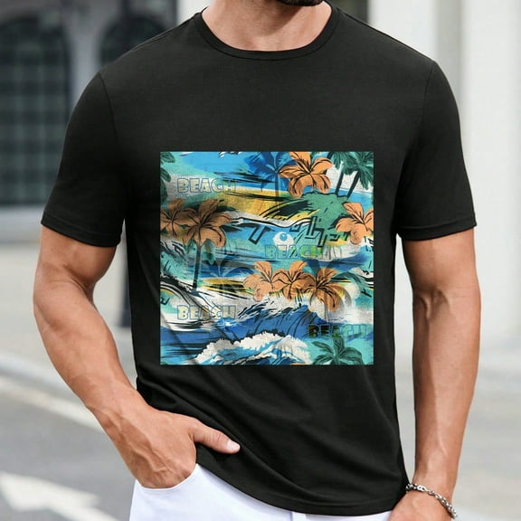 Men's Black Graphic Tee: 100% Polyester, Vibrant Prints for Casual & Urban Looks