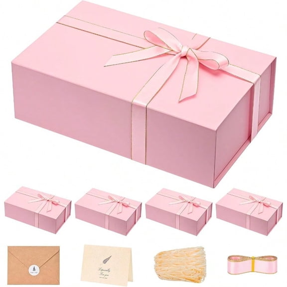Pink Gift Boxes with Lids for Presents 5 Pack 13.85x8.35x4.45 Inch Gift Boxes with RibbonCard Shredded Paper Filler Magnetic Gift Box for Wedding Gifts