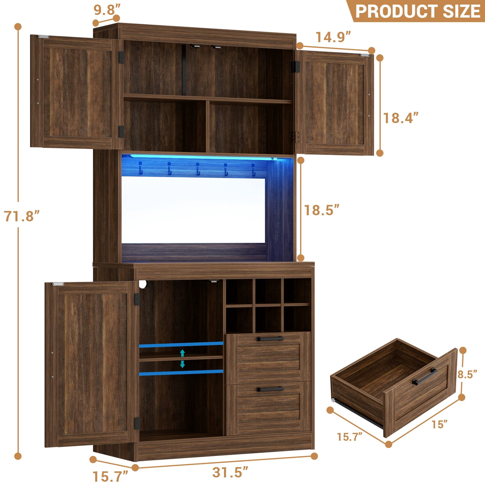 Homieasy 72'' Tall Pantry Cabinet with 2 Drawers and Doors, Farmhouse Kitchen Cupboard with Power Outlets and Lights, Weathered Brown