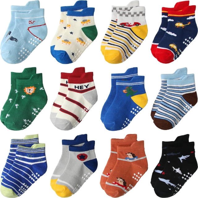 Calcetines Aroveea para niños pequeños, paquete de 12 unidades, algodón, antideslizantes, 1-3T