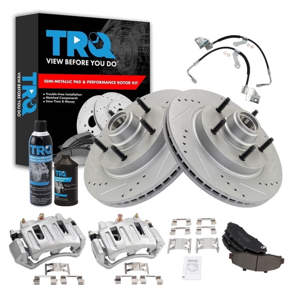 TRQ Front Brake Pad & Rotor Kit Slotted X Drilled Premium G-Coated Performance Semi-Metallic Fits 1997-1998 Ford F-150