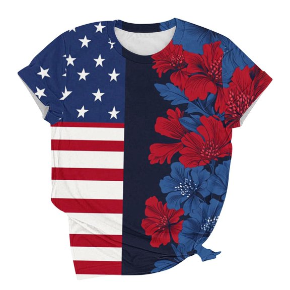 SwiftWear American Flag Print Women's Short Sleeve T-Shirt Comfortable Loose Fit Floral Casual Tops for 4th of July Outfits Summer Holiday