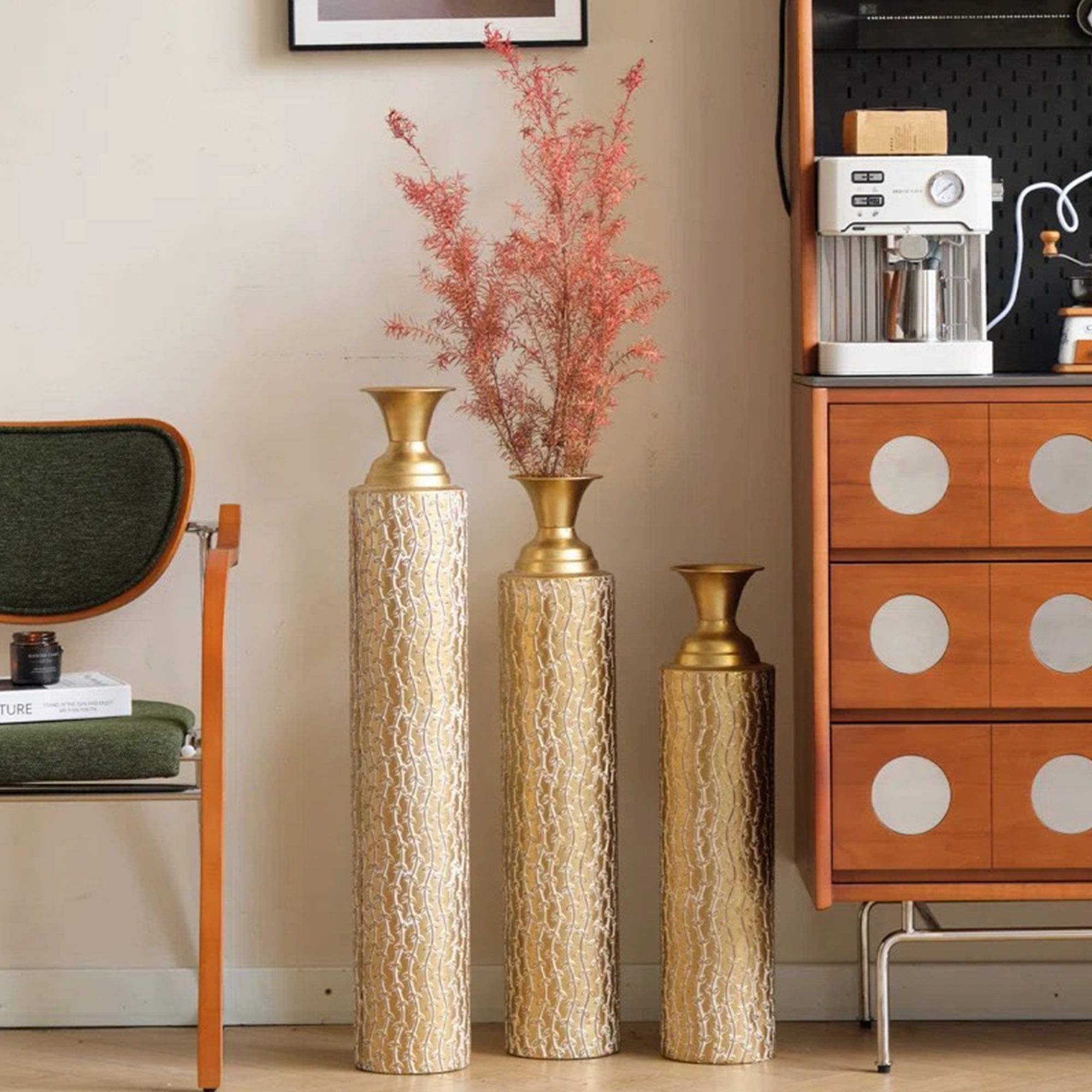 3 Piece Handmade Gold Vase, Tall Metal Floor Vase with Embossed Gold Ivy, Large Flower Vase