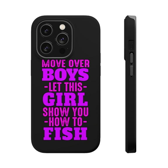 DistinctInk Tough Case for Apple iPhone 15 PRO (6.1" Screen), Compatible with MagSafe Charging - Move Over Boys, Girls Show You How to Fish