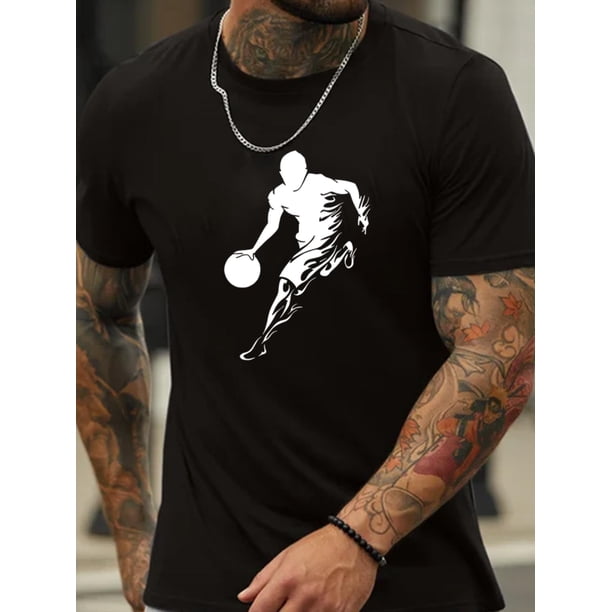 Camiseta con estampado de jugador de baloncesto en contraste, cuello redondo y manga corta, estilo casual y elegante para actividades de verano al aire libre. Ideal para adultos, hombres, adolescentes