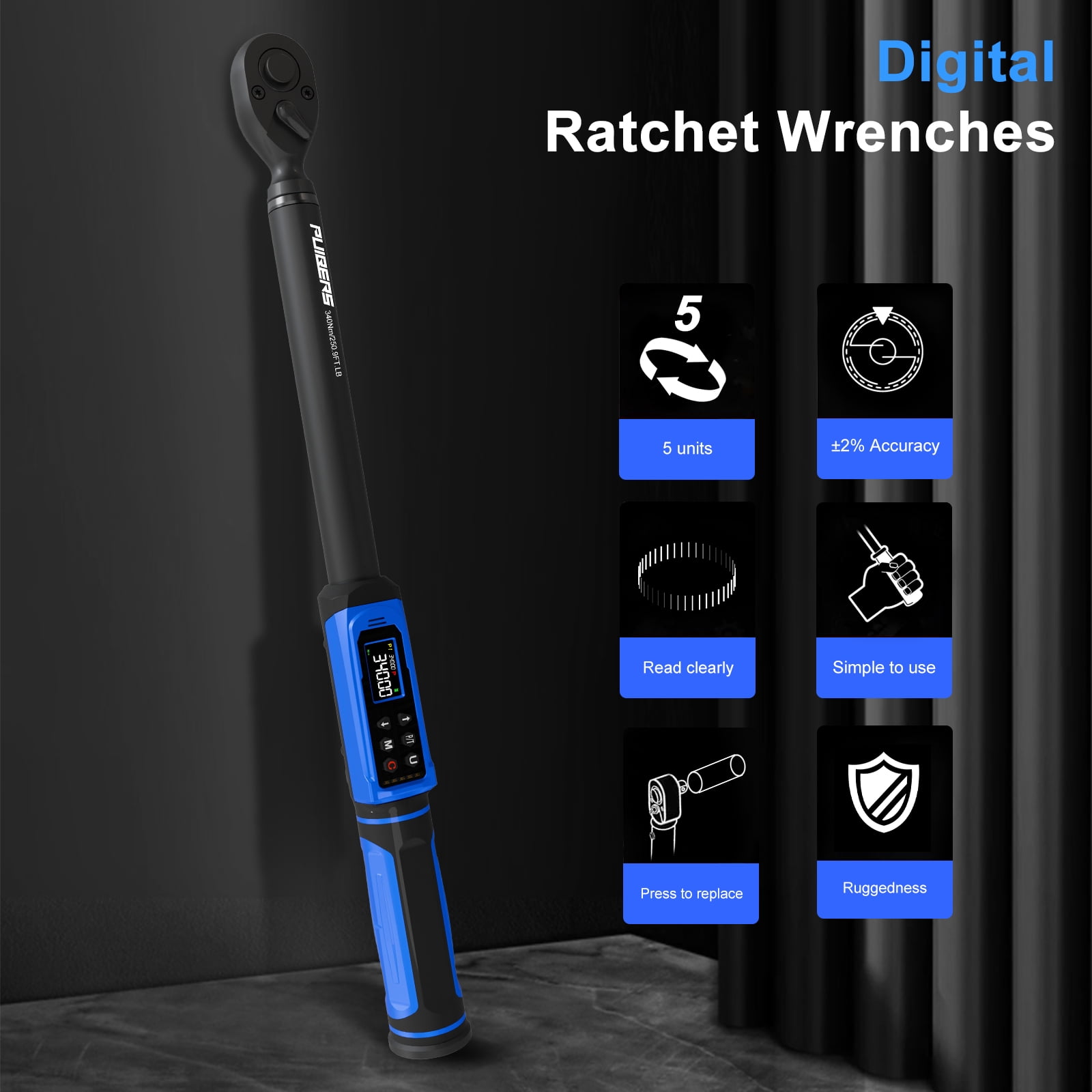 PUIBERS Digital Torque Wrench 1/2 Inch Drive 4-250FT.LB (5-340Nm) ±2% High Accuracy,5 Units lb-ft/lb-in/Nm/kg-cm/kg-m,LCD with Buzzer & LED Alerts
