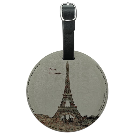 Paris, Je t'aime I Love You Eiffel Tower City Map Round Leather Luggage Card Suitcase Carry-On ID Tag