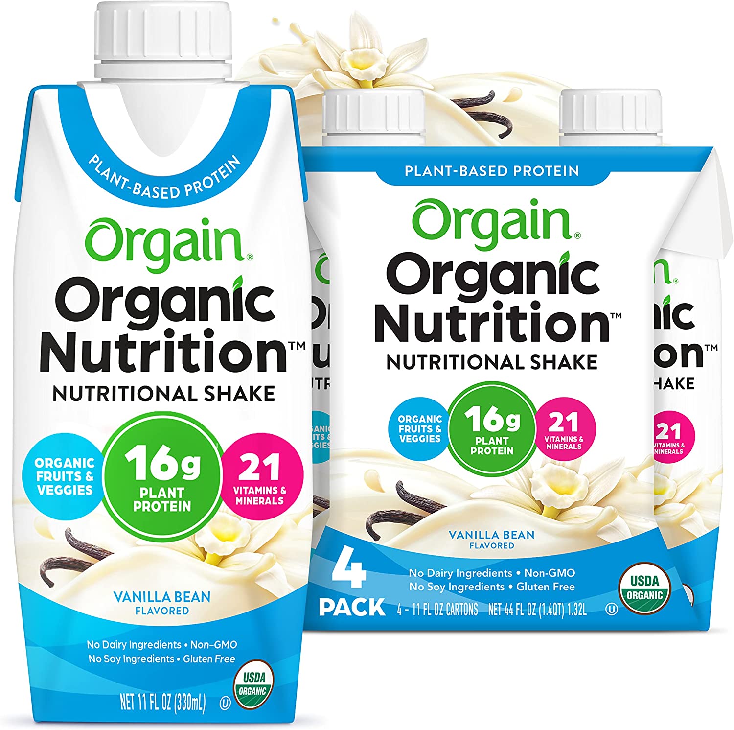 Orgain Organic Vegan Plant Based Nutritional Shake, Vanilla Bean Meal Replacement, 16g Protein