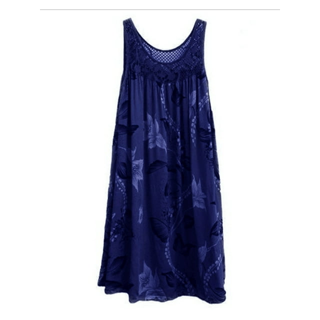 Bellella Ladies Tank Dress Lace Patchwork Dresses Crew Neck Sundress Pleated Color Stitching Summer Dark blue L