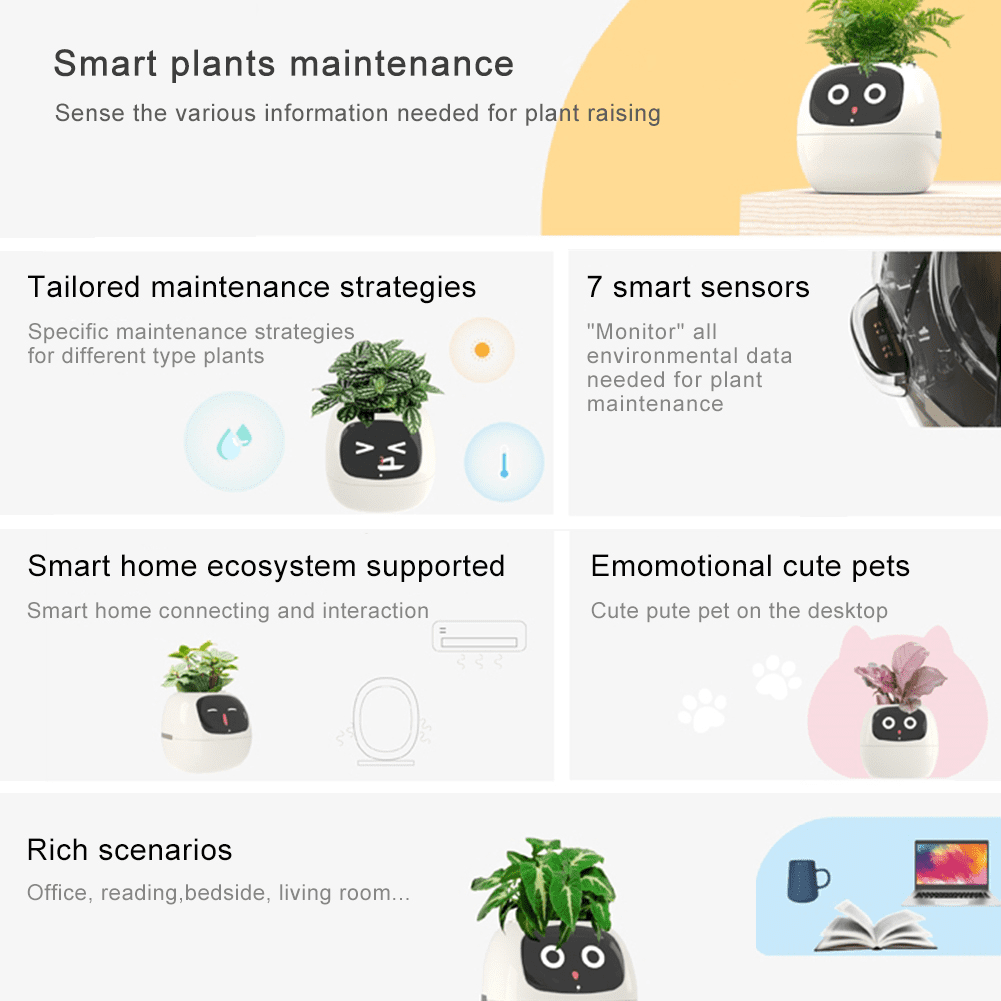 ITIGOITIE Smart Flowerpots, with Artificial Intelligence, Time Temperature Display, Multiple expressions, for Indoor Decoration, Gifts(Pink)