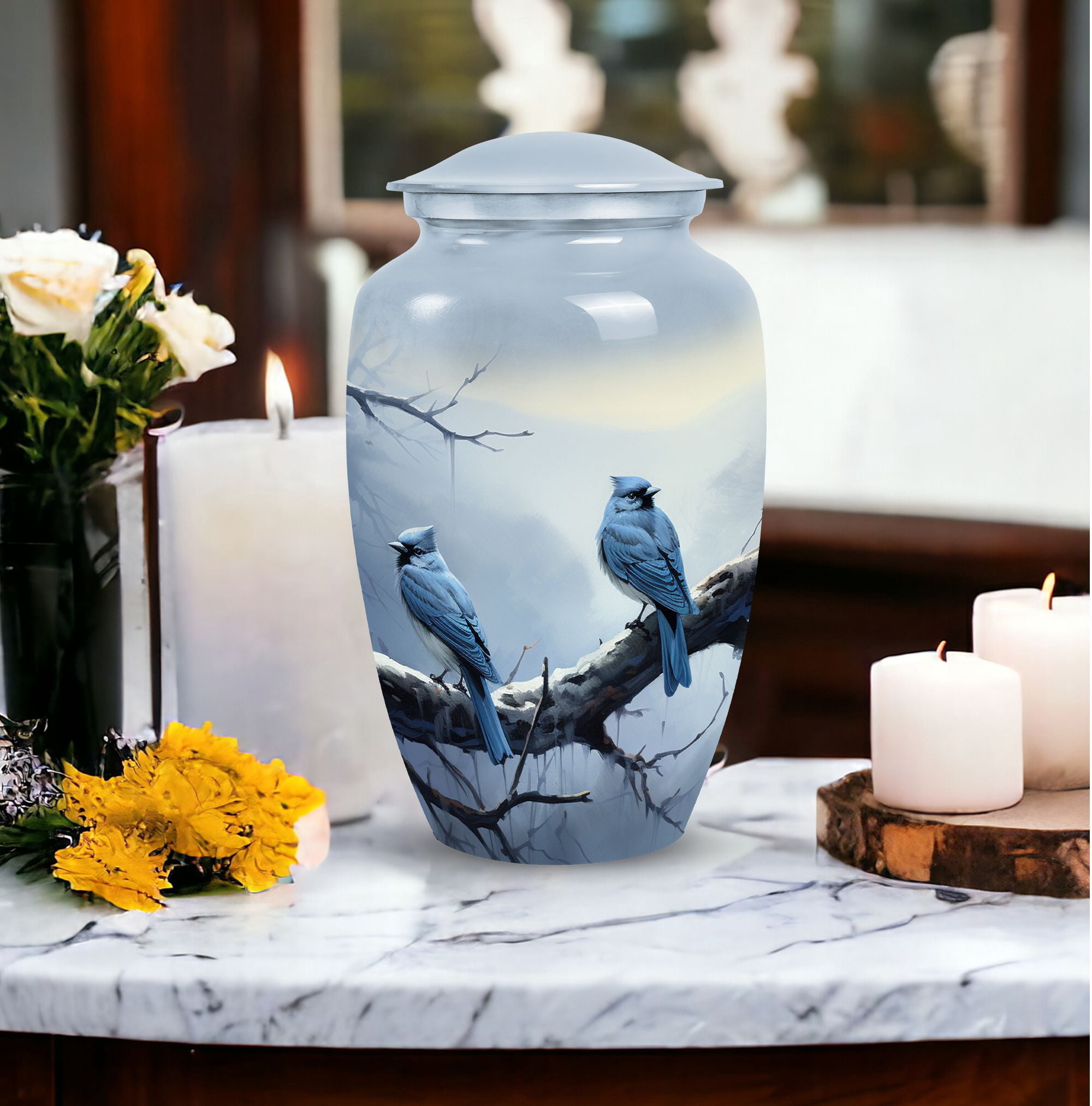 Winter Perch Of Blue Jays - Urns For Human Ashes Large Adult - Cremation Urns for Burial - Urns for Human Ashes Adult Female - Burial Urns Urn for Ashes for Women. (10inch)