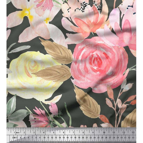 Soimoi White Heavy Canvas Fabric Leaf Floral Printed Craft Fabric by the Yard 58 Inch Wide