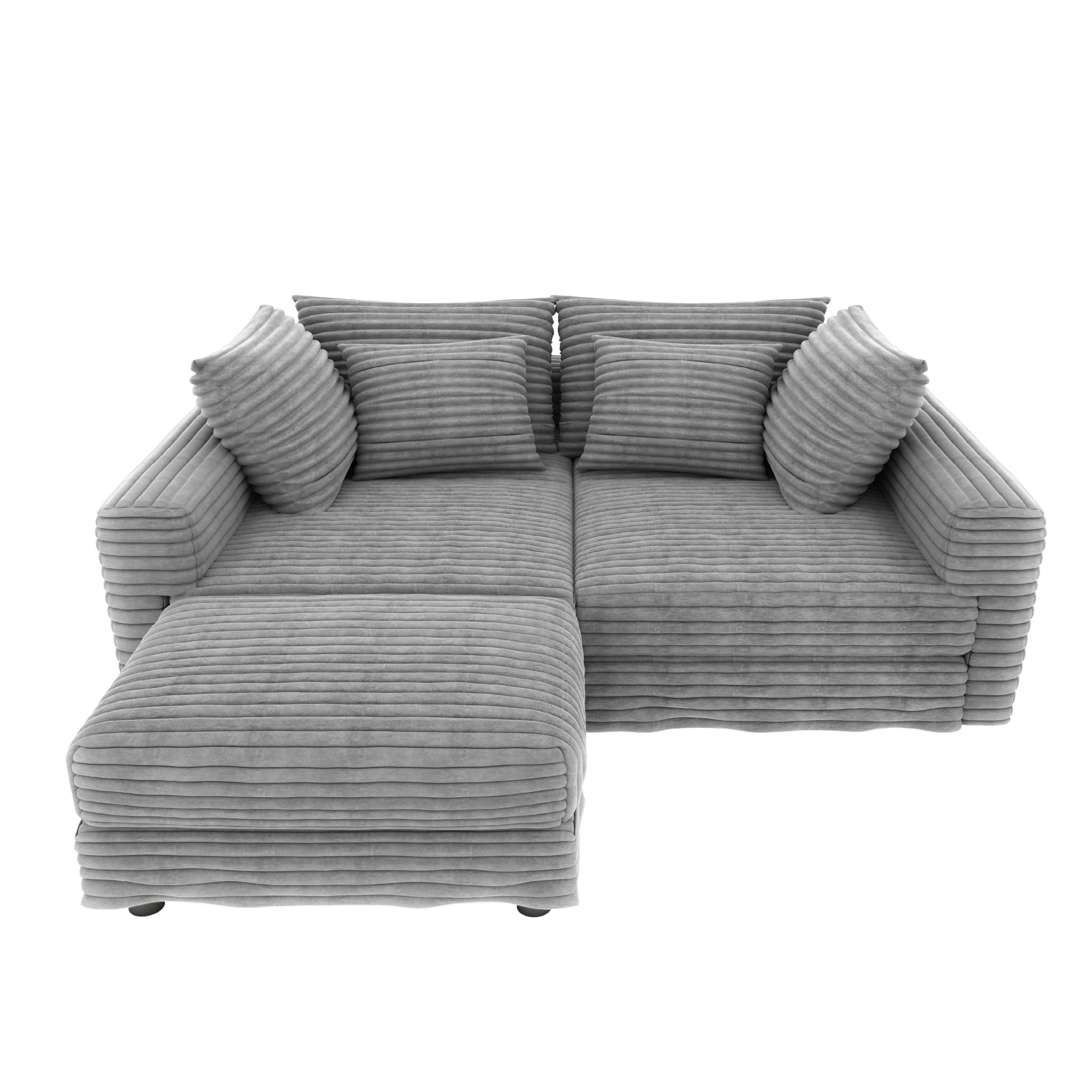 Noble House Nesta 4-Seat Plush Corduroy Cloud Sofa, Convertible Deep Seat Lounge Couch with Ottoman & Soft Pillows, Grey