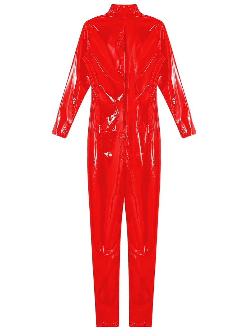 Men's Shiny PVC Leather Crotchless Bodysuit – Long Sleeve One-Piece Catsuit With Square Neck