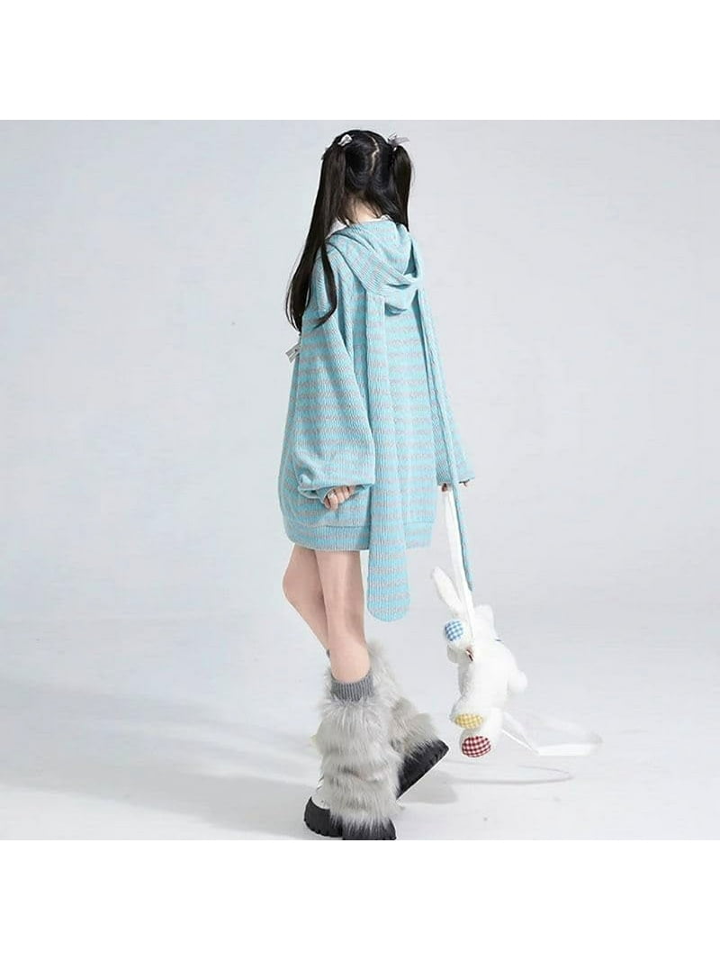 Kukuzhu Y2K Bunny Ear Hoodie Harajuku Kawaii Striped Zip Up Hoodie
