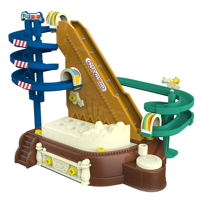 Amdohai Little People Toys Race Track Toys Roller Coaster Amusement Park for Toddlers, a multicolour DIY assembly playset designed for early childhood learning and brain development. Features a brown decorative base, orange ramp labeled 'Crazy Challenge,' and blue and green spiral tracks. Includes accessories like ticket office, game coins, fences, and doll for imaginative play. Made of durable ABS plastic with smooth, rounded edges for safety. Encourages mechanical skills and pattern matching.