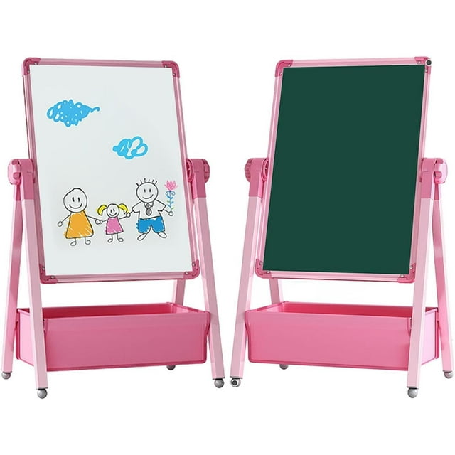 Caballete de 2 Caras, Viene con 121 accesorios Pizarrones para Niños Caballete de Arte 2 En 1pizarra Blanca y Negra de Doble Cara Pizarra Blanca Portátil para Jardín de Infantes y Hogar(Rosa)