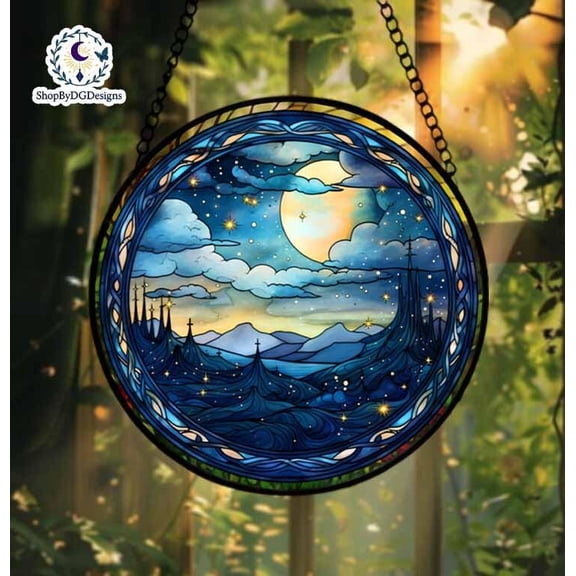 Moonlight Mountain Stained Glass Suncatcher, Celestial Acrylic Window Art, Boho Blue Night Decor, Gift for Nature Dreamers, Starry Sky Panel 4296990865