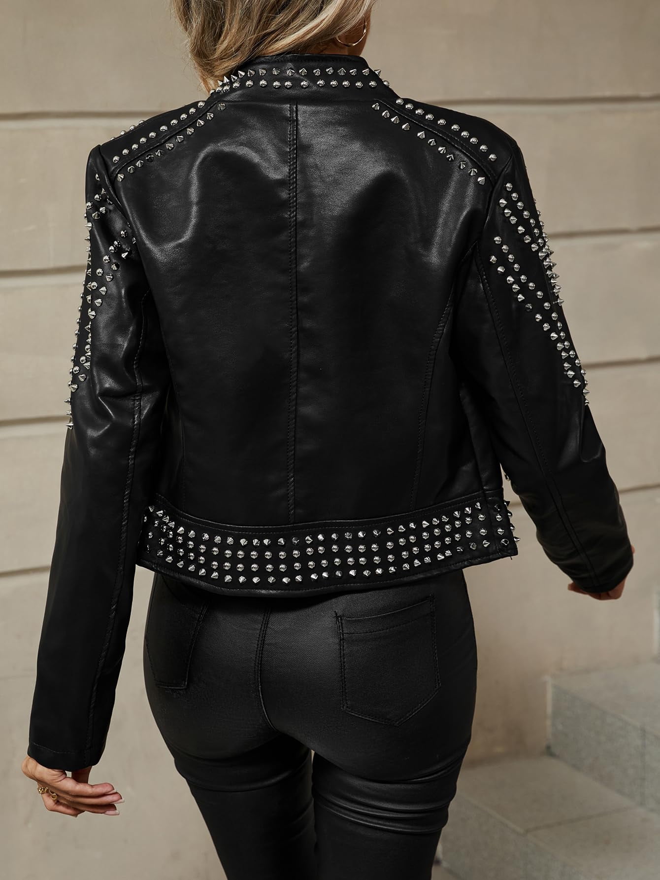 Giolshon Women's Faux Leather Jacket Studded Rivet Casual Short Moto Biker Stand Collar Coat