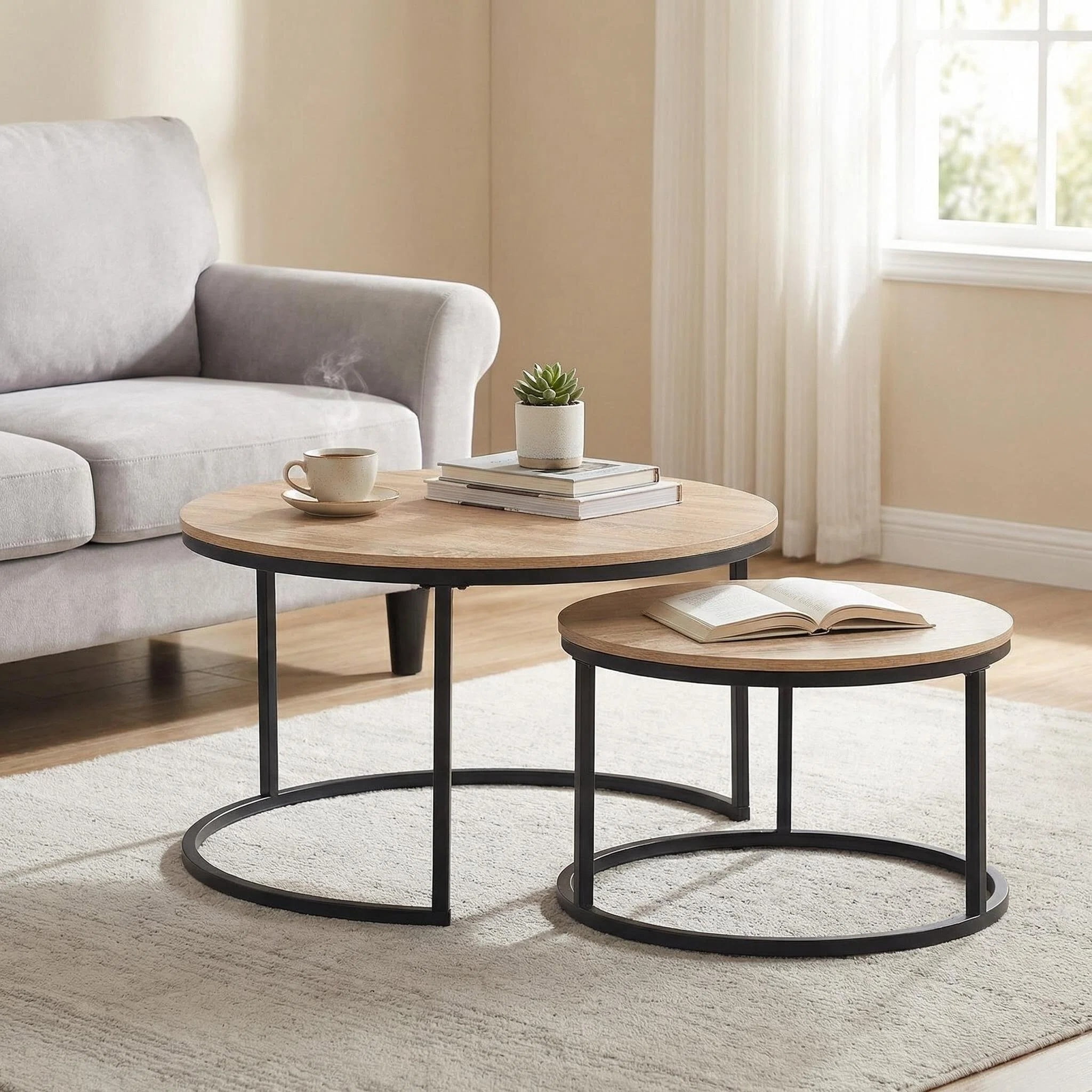 CENSI Round Nesting Coffee Table Set of 2, 31.5" Natural Oak Wood & Metal Frame, Modern Industrial Stacking Center Tables for Living Room, Scandi Boho Decor, Sturdy Circle Accent Furniture