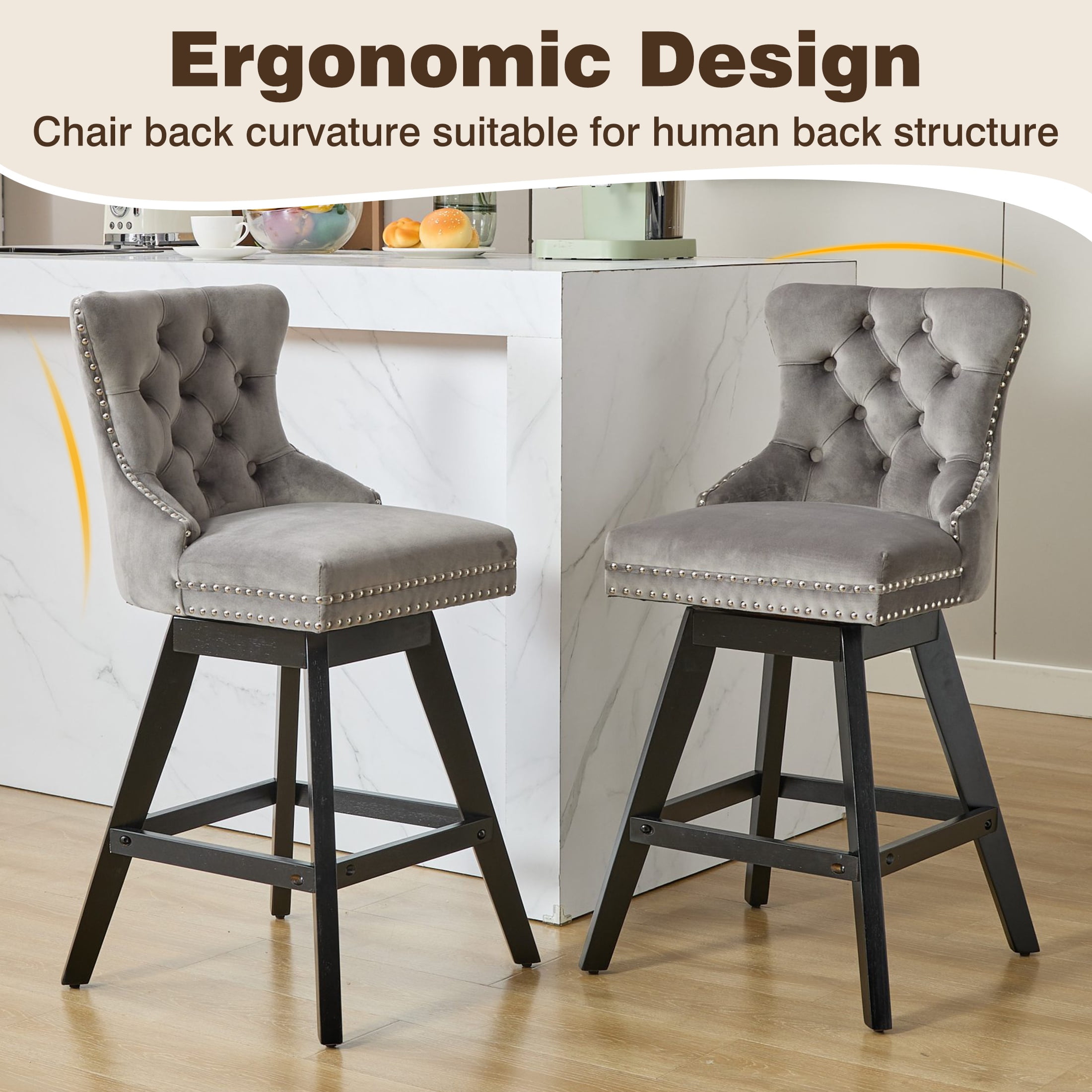 Swivel Bar Stools Set of 2, Velvet Counter Height Bar Stools with Back, Swivel Dining Chair with Button Tufted and Wooden Legs, Kitchen Chair Counter Stools for Kitchen Island Kitchen Counter, Gray