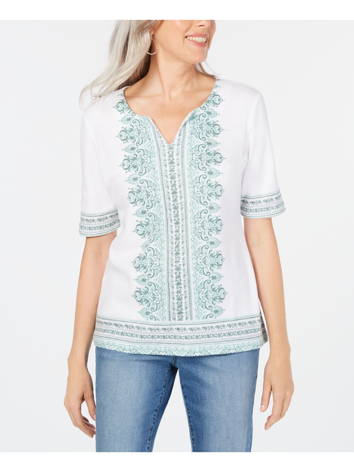 Karen Scott KAREN SCOTT Womens White Printed Short Sleeve Top Size