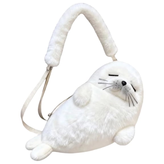 Yvsxxv White Cute Seal Shaped Plush Handbag Adjustable Crossbody Shoulder Bag 1Pc