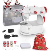 Kids Sewing Machine with Finger Guard and Christmas DIY Bag Material, Mini Electric Sewing Machine with Foot Pedal (Red)