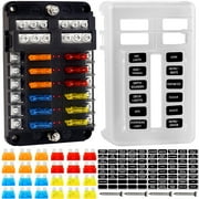 Fuse Block, 12v Fuse Box Holder with Led Indicator Waterproof Cover, Cyrico 12 Circuits Fuse Panel with Negative Bus for 12V/24V Automotive Car Truck Boat Marine Rv trailer, 24 Pcs Blade Fuses