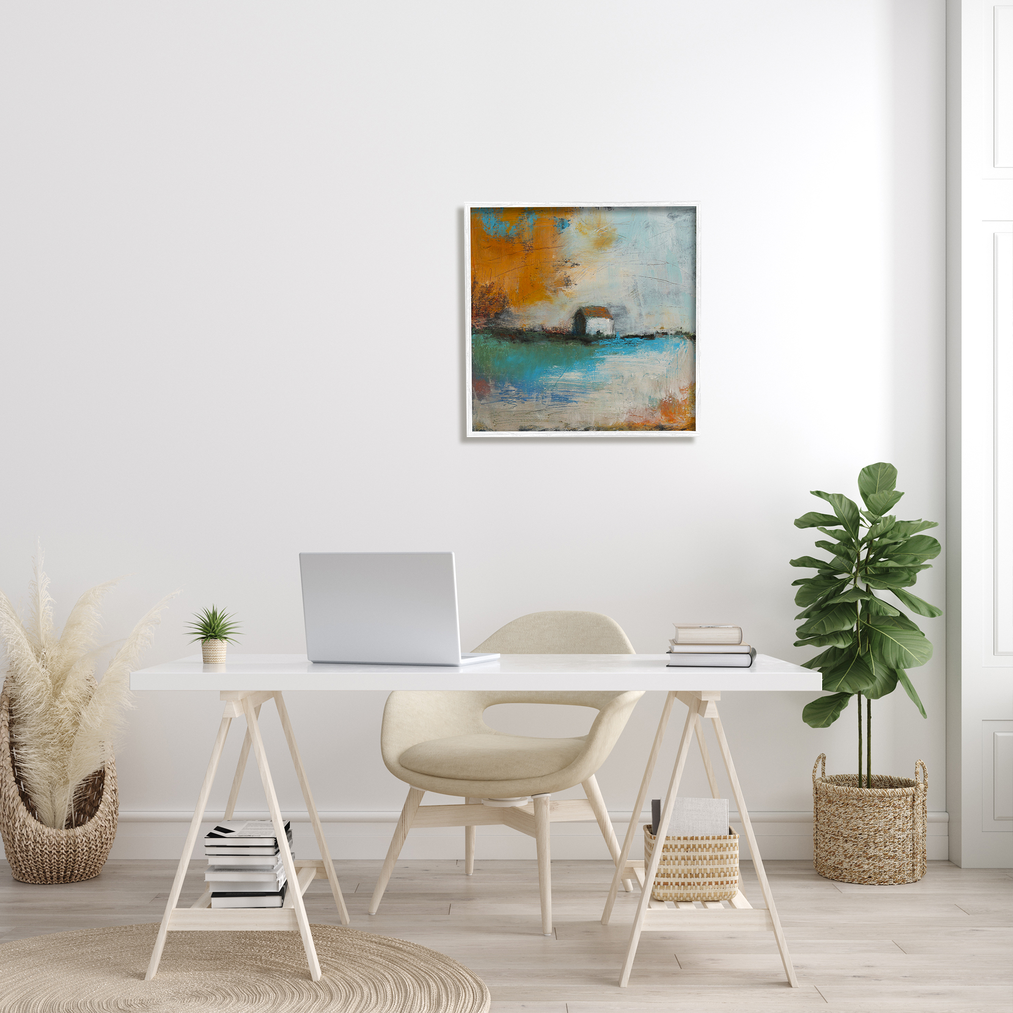 Stupell Industries Abstract Country Farmhouse Landscape Orange Blue Sky Abstract Painting White Framed Art Print Wall Art, 24 x 24