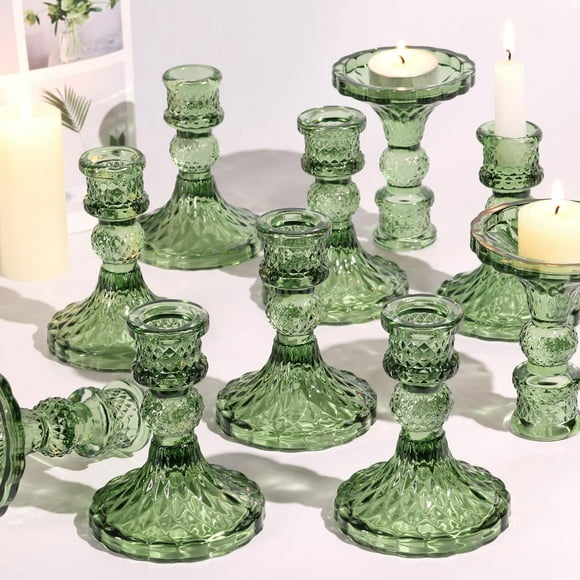 Juego de portavelas Simeitol Glass Green Taper, juego de 12
