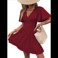 thumbnail image 2 of Vestido Mini de Verano con Escote en V y Mangas con Volantes, Corte A, Cintura Alta Elástica, Holgado y con Vuelo. Vino Tinto M, 2 of 9