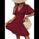 thumbnail image 2 of Vestido Mini de Verano con Escote en V y Mangas con Volantes, Corte A, Cintura Alta Elástica, Holgado y con Vuelo. Vino Tinto XL, 2 of 9