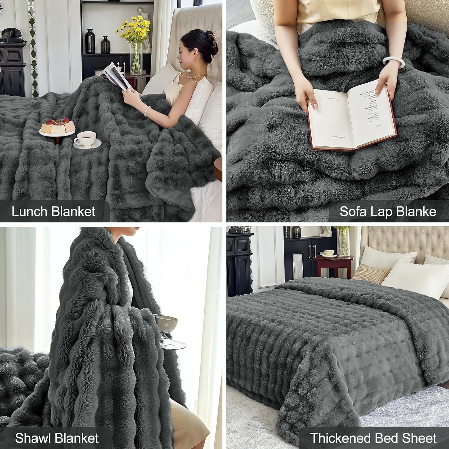 Parojati 90*90 Faux Fur Throw Blanket for Queen Size Bed - Extra Soft Fluffy Warm Bubble Design Blanket for Couch, Sofa and Versatile Use for Bedroom, Living Room, Farmhouse, Grey
