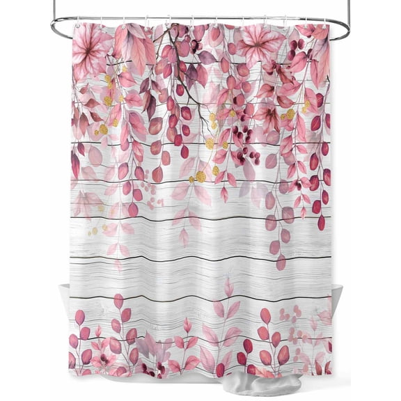 Shower Curtain Pink Eucalyptus Leaves Bathroom Curtains with Hooks, Waterproof Fabric Berry Branch Wood Grain Bath Shower Curtains Set for Bathroom Bathtubs Decor 36x72 Inch